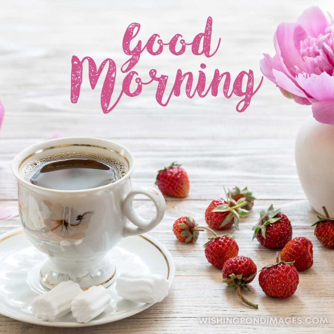 Coffee with marshmallow and strawberries on a light wooden background. Good Morning Coffee Images (3